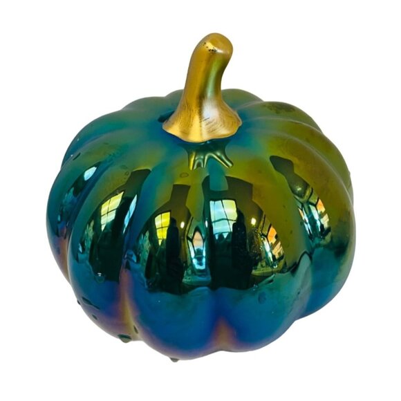 Iridescent Decorative Glass Pumpkin 5" Tall‎ Gold Stem Home Decor Fall Halloween - Picture 2 of 5